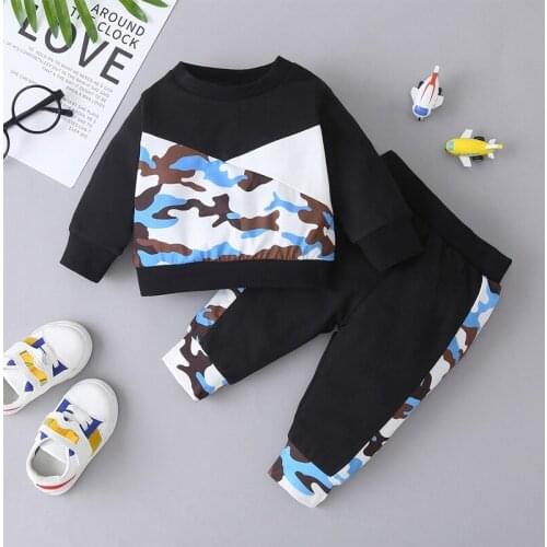 Autumn Winter Baby Boy Clothes Set Camouflage Print Patchwork Long Sleeve Sweater Tops+trousers Casual Sport Kids Clothes 0-18M