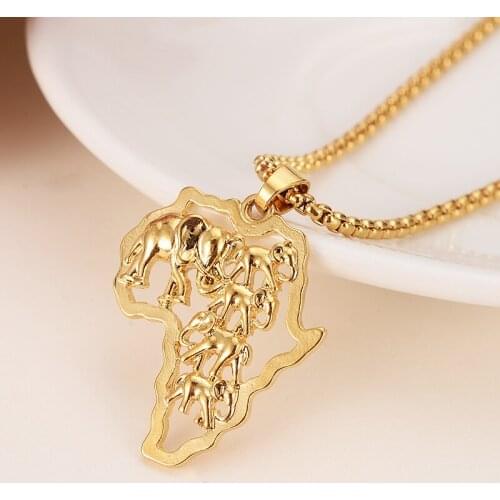 Gold Color Africa Elephant Necklace For Men/Women Fashion African Map Pendant & Chain Hiphop Animal Jewelry Party gifts