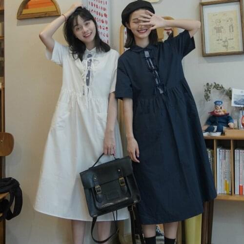 Dress Women Harajuku Patchwork Short Sleeve Bandage Baggy Preppy Style Summer Dresses Cute Girls Casual Midi Girlfriend Fashion