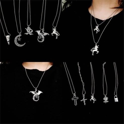 Simple Cross Lock Pendant Neckalce for Women Punk Skull Unicorn Animal Angel Stainless steel beads Chains Gifts Jewelry