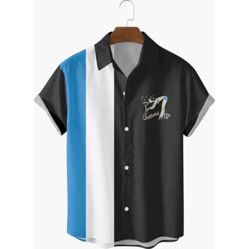 Mens Shirt Vertical Striped Printed Shirts Button Up Light Shirt Short Sleeve 50s Retro Vintage Blouse Male Bowling Shirts