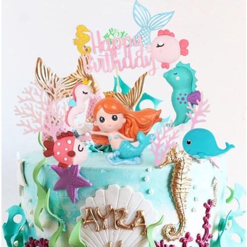 Mermaid Party Cupcake Toppers Happy Birthday Cake Flags Ocean World Cake Decoration Girl Birthday Dessert Decoration Kids Favors
