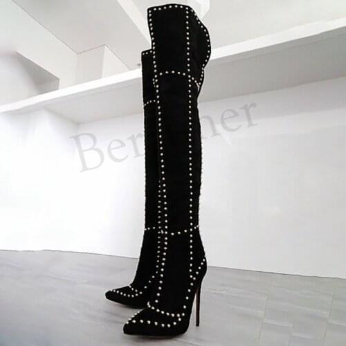 BERZIMER Women Over Knee Boots Faux Suede Studded Thigh High Heels Tall Boots Black Party Zapatos Shoes Woman Big Size 39 47