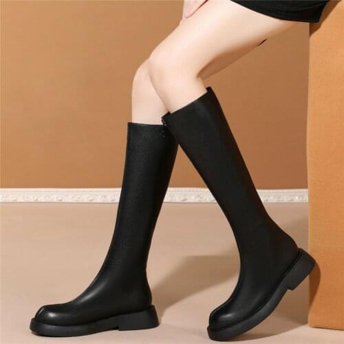 Winter Thigh High Riding Boots Women Genuine Leather Low Heel Mid Calf Motorcycle Boots Female Round Toe Oxfords Shoe Chic Shoes