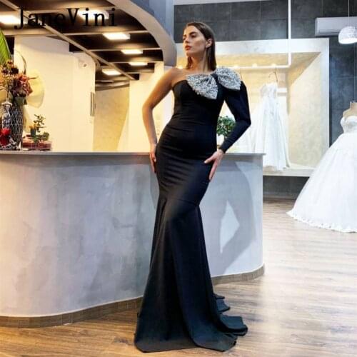JaneVini Sexy Black Dubai One Shoulder Long Sleeve Ladies Prom Dresses Beaded Bow Mermaid Satin Sweep Train Gala Dress Plus Size