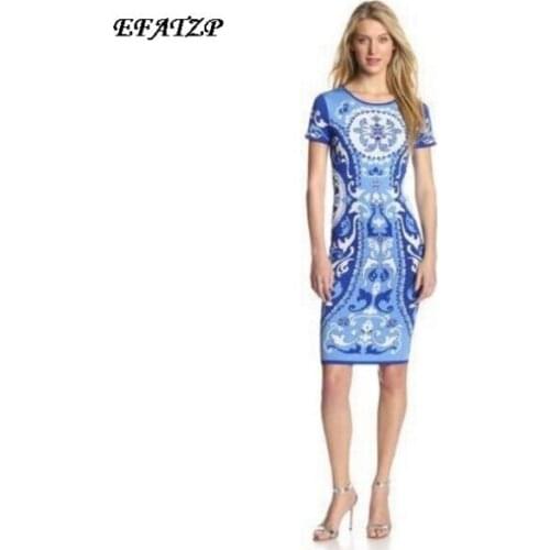 New 2015 Designer Luxury Brands Womens Short Sleeve Blue Baroque Print Printed Stretch Jersey Silk Plus Size XXL Dress
