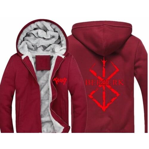 Anime Berserk Hoodie Red Hooded Men/Women Sweatshirt Super Warm Thicken Fleece Zip Up Coat USA EU Size S-3XL High Quality