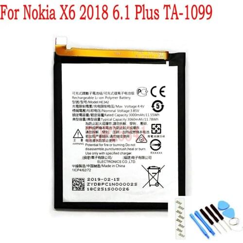 High Quality 3000mAh HE342 Battery For Nokia X6 2018 6.1 Plus TA-1099 Mobile phone