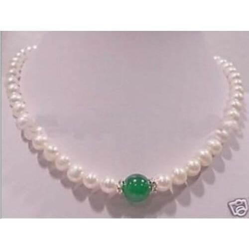 W&L Selling 7-8mm white pearl 10mm green jades necklace