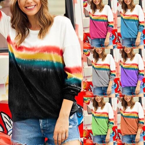 Womens T-shirt 2021 Spring Autumn New Rainbow Color Printing Gradient Round Neck Long Sleeve T-shirt Harajuku Tshirts MYJ168158
