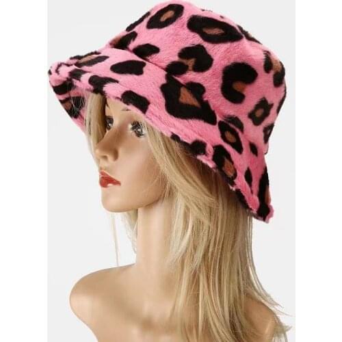 New Winter Leopard Print Faux Fur Women Outdoor Warm Hat Soft Fluffy Fisherman Bucket Hats