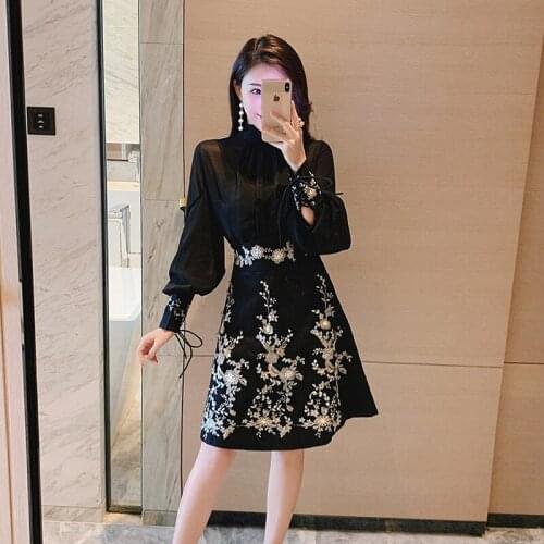 Autumn Black Runway Women 2 Piece Set Elegant Bowknot Collar Long Sleeve Chiffon Shirt + Beading Embroidery Mini Skirt Suit Sets