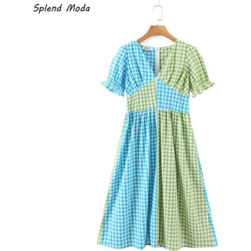 2021 Summer New V-Neck Puff Sleeve Loose Color Matching Long Dress Women 2021 Contrast Color Stitching Dresses Zipper Vestido