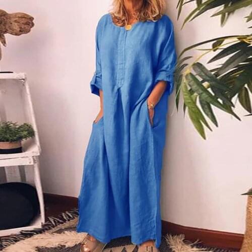 Women Loose Solid Color Long Dress Vintage Solid Color Long Sleeve O Neck Pockets Maxi Dress Tunic Kaftan Casual Womens Dress
