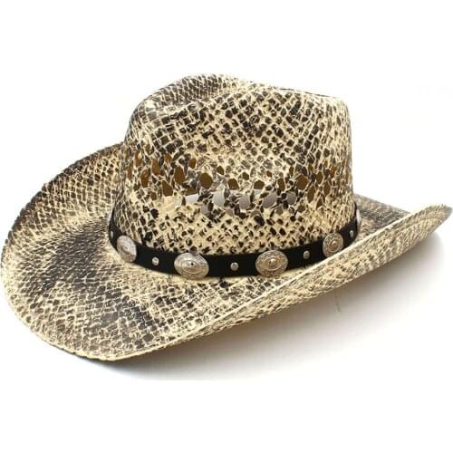 100% Straw Men Western Cowboy Hat Handmade Weave Dad Sombrero Hombre Cowgirl Jazz Caps Punk Belt Band Size 56-58CM