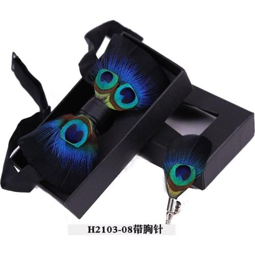 2pcs Unique Original Blue Feather Bow Tie Brooch Pin Natural Hand Made Bowtie With Gift Box For Men Business Party Wedding