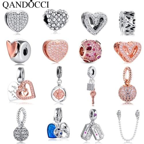 2020 Valentines Day 925 Silver Dice Charm Rose Beaded Openwork Bead Sparkling Freehand Heart Beads Kiss Bear Charms QANDOCCI