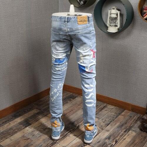2021 New Streetwear Fashion Men Jeans Light Blue Slim Fit Printed Jeans Men Night Club Personality Paint Designer Hip Hop Jeans