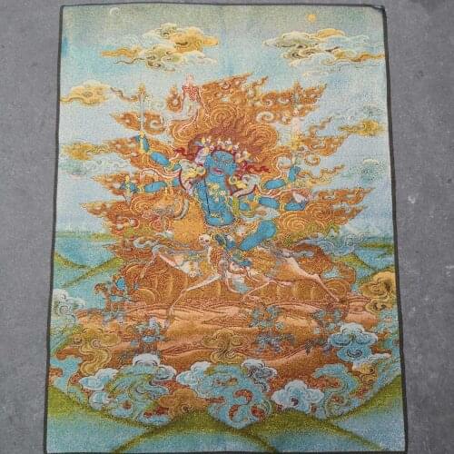 35" Thangka embroidery Tibetan Buddhism silk embroidery brocade Nepal Three heads six arms Mahakala Buddha statue horse riding