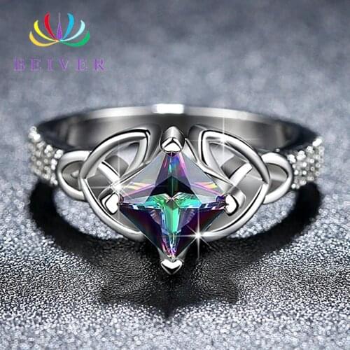 Beiver 2019 New Arrival White Gold Color Rainbow Square Zircon Promise Wedding Bands Rings for Women Party Jewelry Ladies Gifts