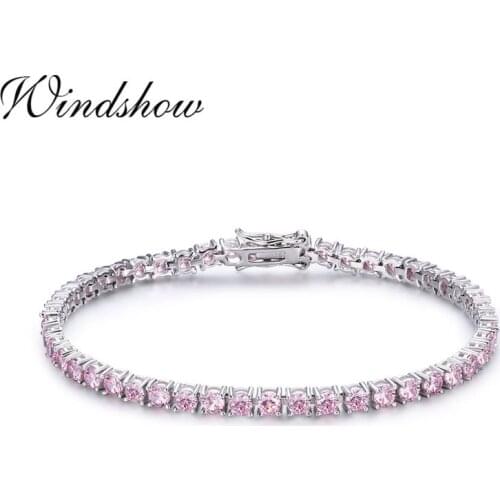 3mm 925 Sterling Silver Cluster Round Pink CZ Ziron Tennis Bracelets Pulseras Pulseira Bracelete Women Jewelry Girl Friend Gift