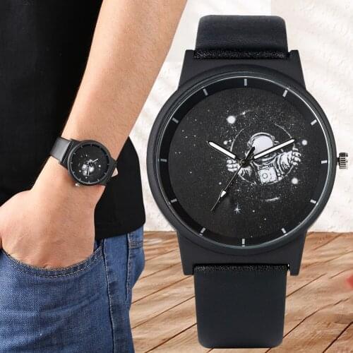 Astronaut Series Cute Watch Men Women Coulpe Quartz Black Watches Dial Leather Band Best Valentines Day Gifts for Wife Husband