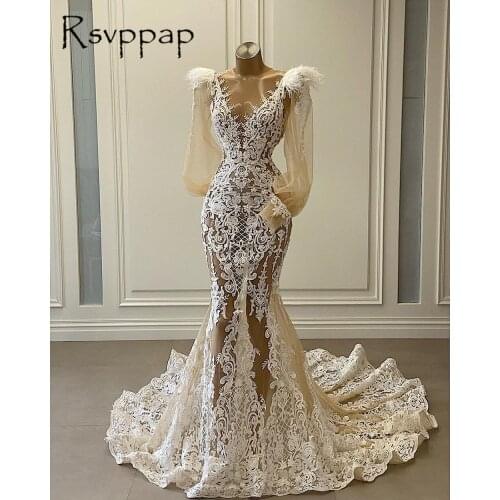 African Girl Long Ivory Mermaid Wedding Dresses 2021 Sexy See Through Beaded Lace Long Sleeves Bridal Gowns