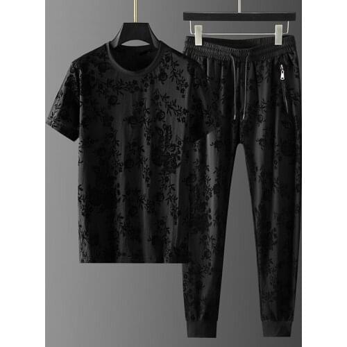 Herren Sets (t-shirt + hosen) luxus Runde Kragen Jacquard Casual Sport Mann Sets Fashon Elastische Taille Hosen