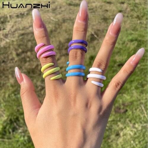 HUANZHI 2021 New Colorful Wrap Dripping Oil Cuff Metal Multi-layer Finger Rings for Women Girls Simple Jewelry Party Gifts