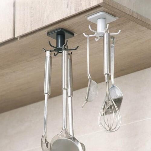 Punch-free Kitchen Wall 360 Rotation Storage Rack 6 Hooks Spatula Hanging Hanger N0HB