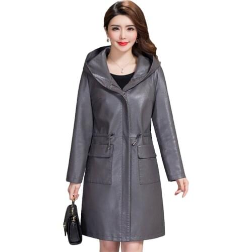 Women Hooded Faux Leather Long Jacket New Ladies Washed Leather Trench Coats Female Loose Zipper Outerwear Clothing Plus SIze