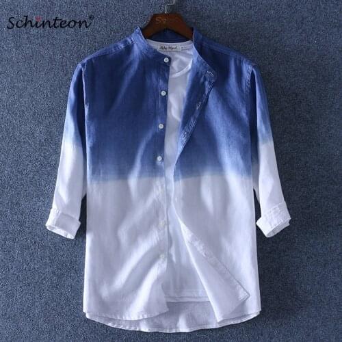 Schinteon Gradient Men 100% Linen Shirt Three Qurarter Sleeve Summer Slim Stand Collar Comfortable Shirts