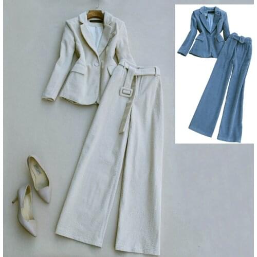 Autumn Winter New Corduroy Suit Blazer and Wide Leg Belted Waist Suit Corduroy Pants Office Lady Clothing Set