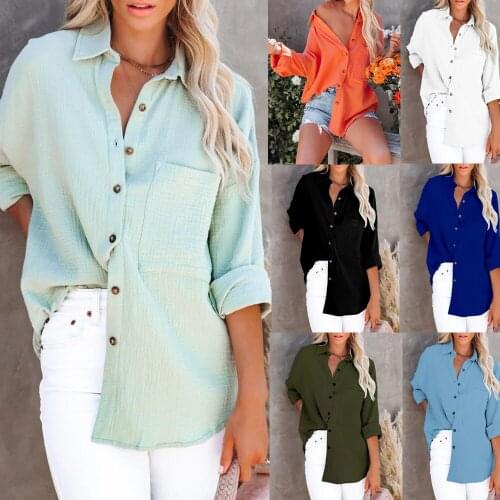 Autumn Single Button V-neck Solid Color Blouse Ladies Casual Tops Elegant Tops Fashion Chic Cotton and Linen Blouses