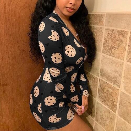 Sexy Onesies For Adults Women V-Neck Bodycon Bodysuit Cookies Printed Button Sleepwear Jumpsuit Shorts Romper Leotard Pajamas