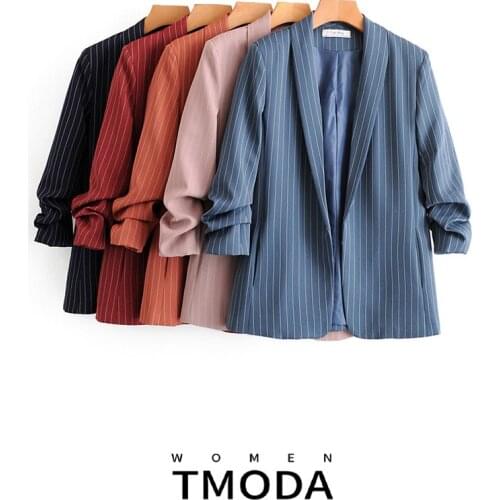 TMODA628 2021 Spring Autumn 5 Colors Sexy V-Neck Striped Blazers Jackets Women Elegant Suit Coat Female Outwear Office Lady Tops