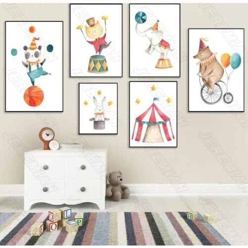 Cartoon Circus Animal Poster Nordic Style Waterproof Ink Painting Print Painting Modern Living Room Bedroom Wall Stickers