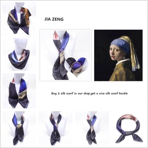 Fashion Square Bandana Scarf For Women Girl with a Pearl Earring Shawl Print Silk Satin Hijab Scarf Female 70*70 Luxury Brand