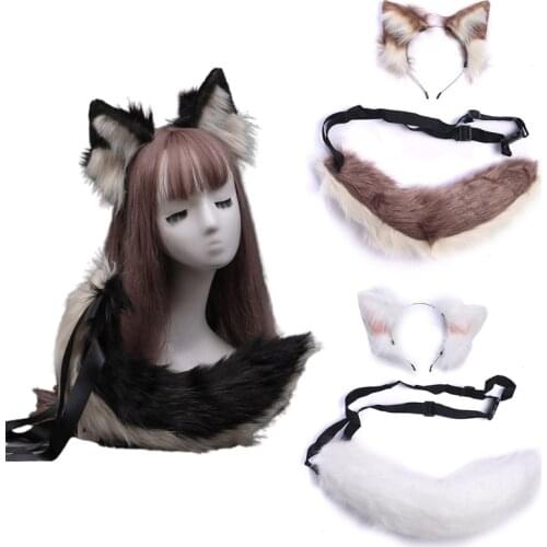 Faux Fur Wolf Ears Headband Furry Animal Tail Cosplay Props Carnival Party Fancy Dress Halloween Costume Accessories 97QE