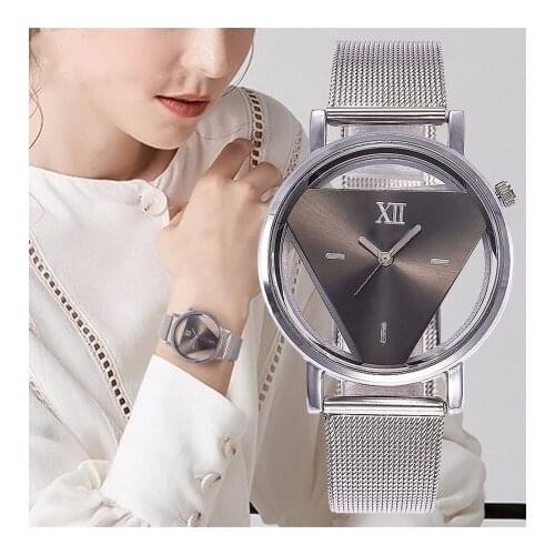 Drop Shipping Ms. inverted triangle quartz watch casual mesh with stainless steel transparent hollow watch clock Relogio Feminin