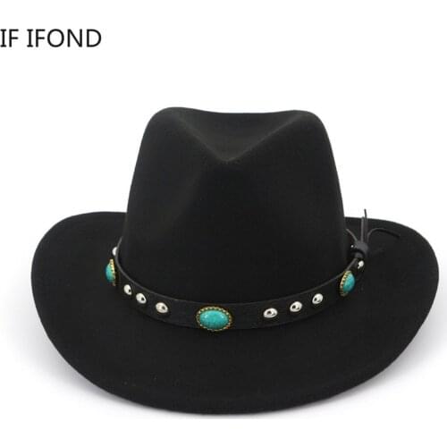 Retro Wool Wide Brim Cowboy Western Hat With Punk Rope Cowgirl Bowler Cap Jazz Men Women Sun Visor Cap