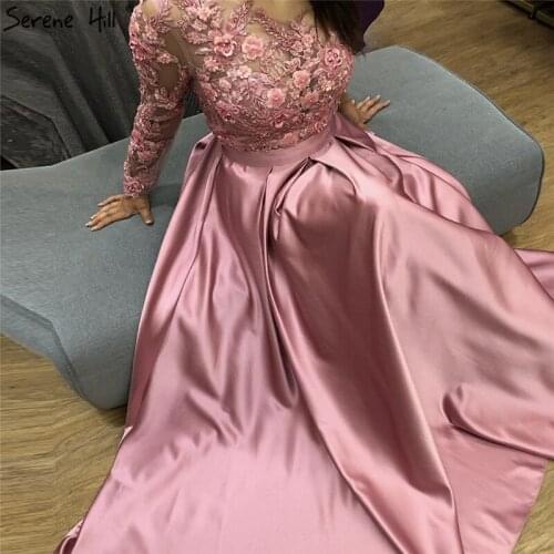 Pink Handmade Flowers O-Neck Prom Dresses Satin Long Sleeves A-Line Prom Gowns 2020 Serene Hill DLA70256