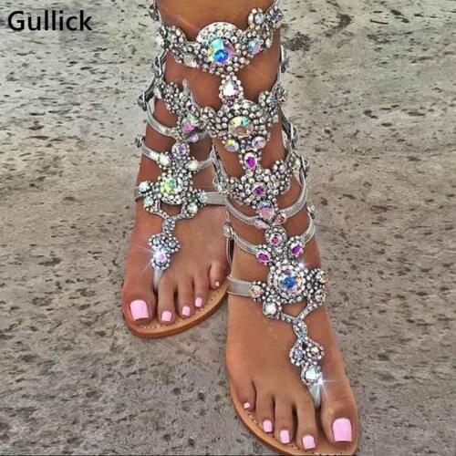Newest Summer Flat Sandals Shinny Crystal Bohemia Beach Flip Flops Woman Elegant Strappy Flats Sandals Shoes Back Zipper