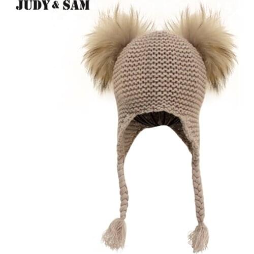 Judy&Sam Real Fur Pompom Hat for Kids Earflap Boys Caps with Double Fur Pom Pom Knitted Beanie Hats For Girls