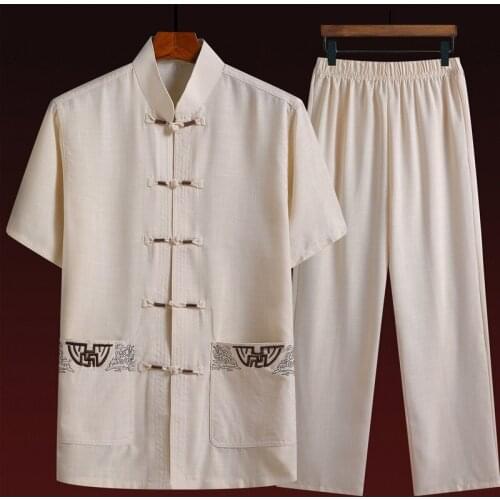 Traditional Chinese Clothing Set Man Oriental 2 Pieces Tai Chi Kung Fu Uniform Short Sleeve Linen Casual Chinese Costumes KK3452