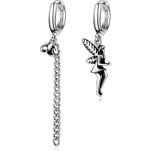 Vintage Angel Fairy Long Tassel Chain Asymmetric Charms 925 Thai Sterling Silver Hoop Earrings For Women Fashion Jewelry