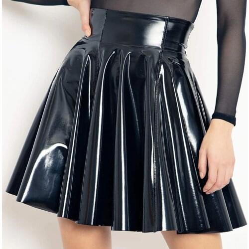 Gothic Women Wet Look Patent PU Leather Skirt Lady High Waist PVC Flared Pleated A-line Circle Mini Skater Skirt Clubwear Custom