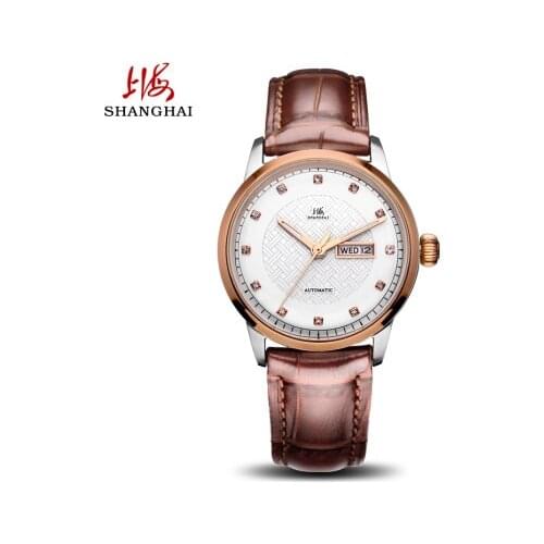 Shanghai Womens Watch Womens Mechanical Watch Atmospheric Diamond-studded Full-Automatic Through-the-Bottom Dual Calendar 803