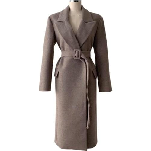 Women Coats And Jackets Winter Elegant Lapel Woolen Coat With Belt Vintage Camel Wool Coat Long Overcoat