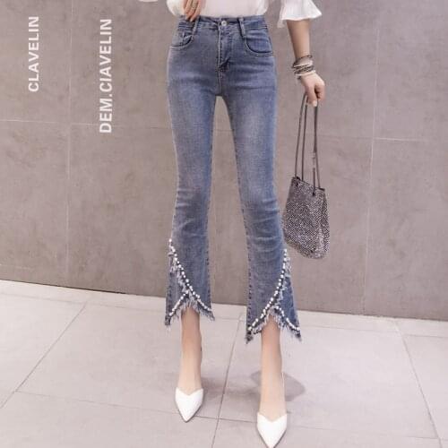 Plus Size Flare Jeans For Women Beaded Tassel High Waist Elastic Slim Denim Pants Ankle Length Femme Trousers Boyfriend L3201